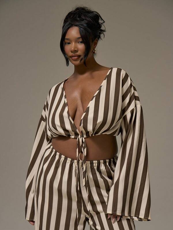 MUSERA Plus Size Stripe Floaty Tie Up Plunge Top Only Vacation Holiday Cute Holiday Romantic Cute Summer Sexy Beach Curve