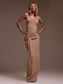 MUSERA Đầm maxi dệt kim thắt eo cổ tròn lưng thấp kiểu Ibiza, phù hợp cho kỳ nghỉ, du lịch, gợi cảm, lãng mạn, thanh lịch, sinh nhật, phong cách boho, đám cưới, khách mời, mùa hè. - Màu be - Xem 4