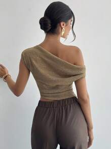 Firerie Áo thun nữ cổ bẻ, họa tiết jacquard, chất liệu kaki sequin, sang trọng, lãng mạn, thoải mái khi đi làm, mùa hè - Màu Khaki - Xem 3