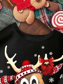 SHEIN Teen Girls' Christmas Cute Cartoon Deer & Snowflake Print Black Casual Loose Fit Crew Neck Long Sleeve Sweatshirt, Suitable For Autumn/Winter