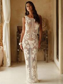 Swim Chiccia Vestido de playa de punto de ganchillo con escote en V sin mangas y diseño calado de unicolor para mujer en verano