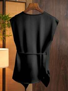 Franclia Women's Fashion Casual Deep V-Neck Wrap Tie Blouse - Black - View 2