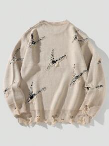 Manfinity CasualKnits Men's Avant-Garde Regular Length Ripped Pullover With Round Neck And Long Sleeves Back To School , Fall Winter - Khaki - View 2