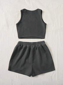 SHEIN EZwear 2pcs Women Casual MILANO Graphic Crew Neck Fitted Tank Top And Drawstring Shorts Set, Suitable For Summer Suitable For Going Out - Dark Grey - View 2