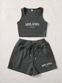 SHEIN EZwear 2pcs Women Casual MILANO Graphic Crew Neck Fitted Tank Top And Drawstring Shorts Set, Suitable For Summer Suitable For Going Out - Dark Grey - View 3