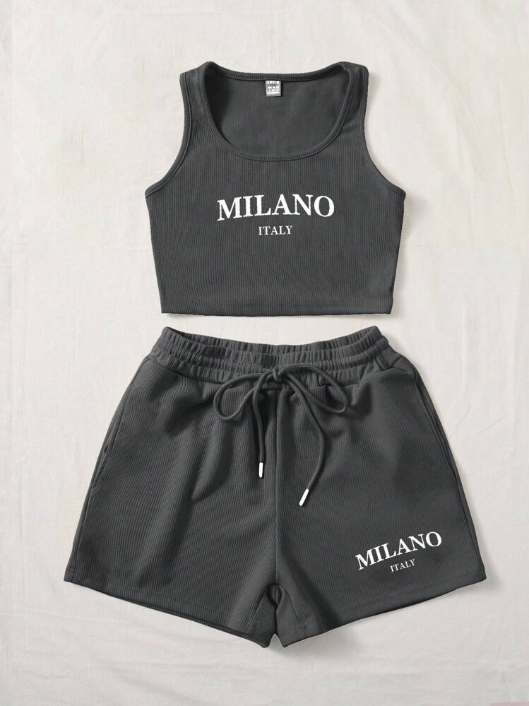 SHEIN EZwear 2 件套女士休闲 MILANO 图案圆领修身背心和抽绳短裤套装，适合夏季 - 深灰色 - 查看 3