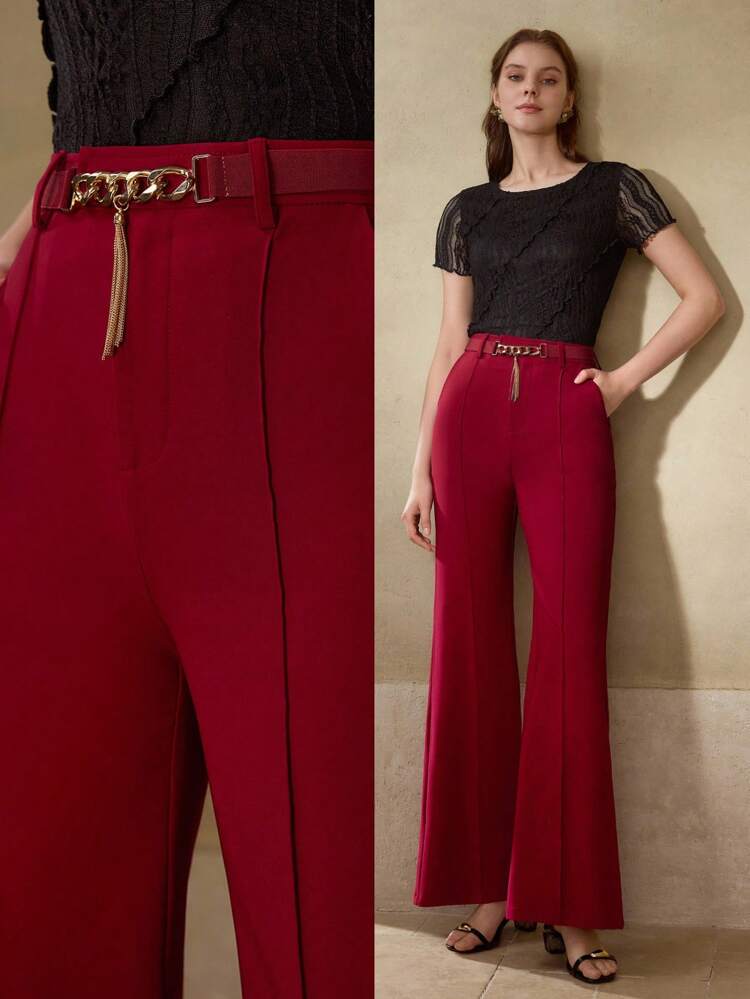 CHAIN DETAIL SEAM FRONT FLARE LEG SUIT PANTS