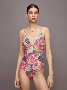 Activina Bộ đồ bơi liền thân in họa tiết cây nhiệt đới dành cho nữ - Màu Cam san hô - Xem 3