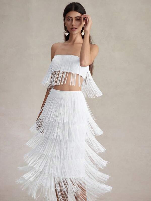 Briarwyn 2pcs Casual Fashion Tassel Decor Crop Top And Mini Skirt Set,Old Money Style Women,All White Party Outfit Women,Club Outfits Women Sexy,Concert Outfit Women,Latin Dance Costumes