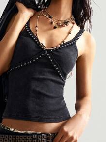 Bohemela 女士休闲纯色针织 V 领修身吊带背心铆钉背心 女士背心