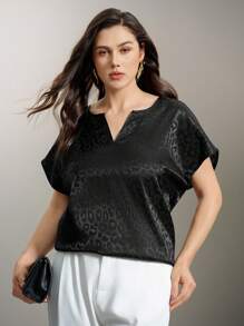 Flouryn Maglietta A Maniche A Pipistrello Con Collo A V In Jacquard Di Leopardo Di Colore Solido E Taglia Forte, Con Dettagli Di Vuoti - nero - Visualizzare 6