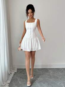 Rafferiza 优雅时尚修身圆领荷叶边下摆休闲通勤女士短款连衣裙，夏季 - 白色 - 查看 7