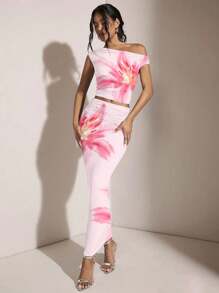 SHEIN BAE Floral Print Casual Asymmetric Shoulder Ruched Fitted Top And Bodycon Mini Skirt Set, Suitable For Summer Suitable For Going Out - Baby Pink - View 6