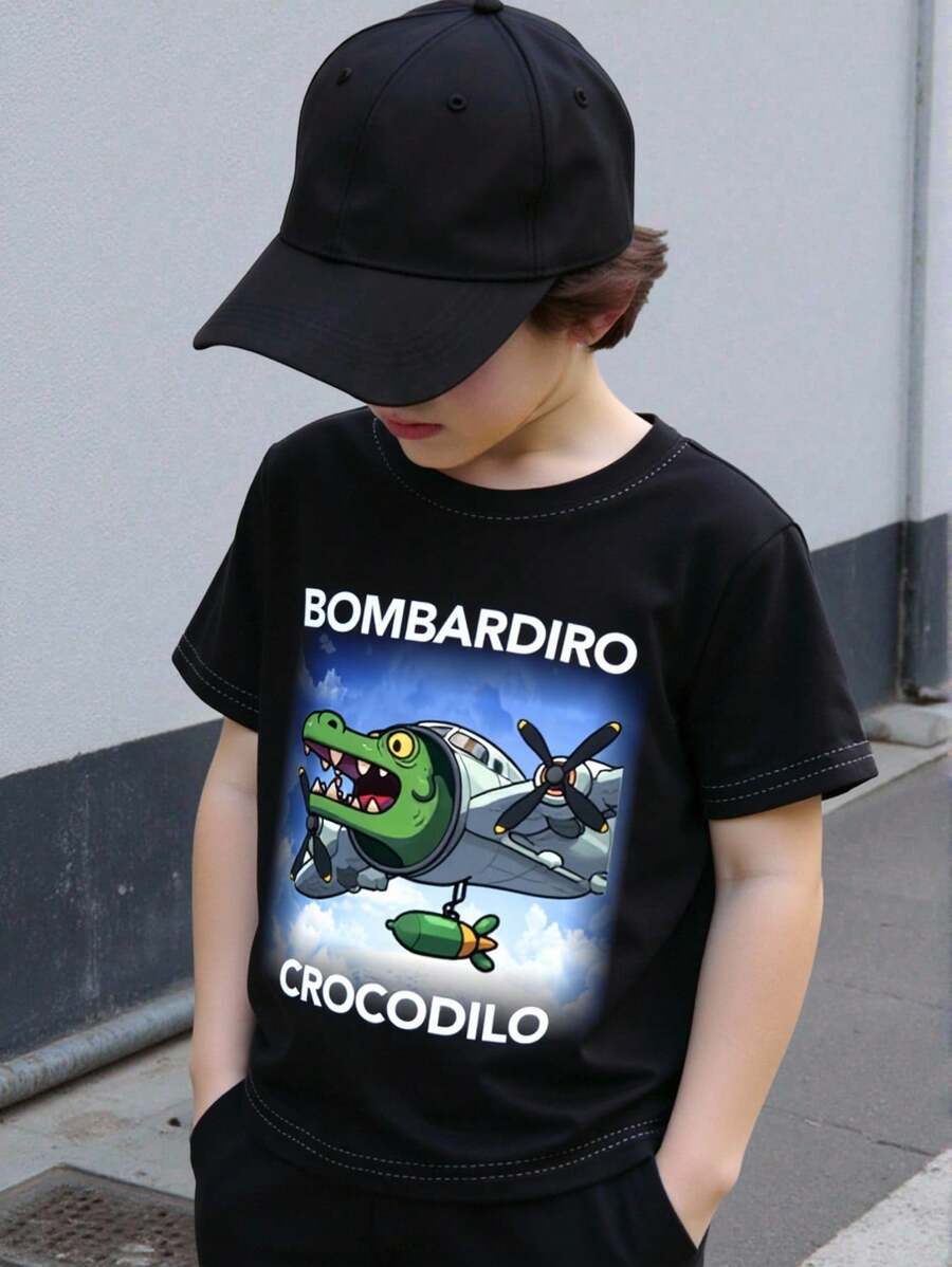 SHEIN Young Boys' Casual Cartoon Style T-Shirt, Crocodile Head & Airplane Print, Paired With "BOMBARDIRO" "CROCODILO" Graphic Short Sleeve Crew Neck T-Shirt, Suitable For Everyday Casual Wear In Summer, School, Campus, College - Multicolor - View 1
