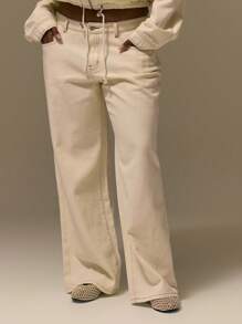 MUSERA 加大码米色水洗对比缝线阔腿牛仔裤可爱夏日假期优雅浪漫曲线农舍秋季