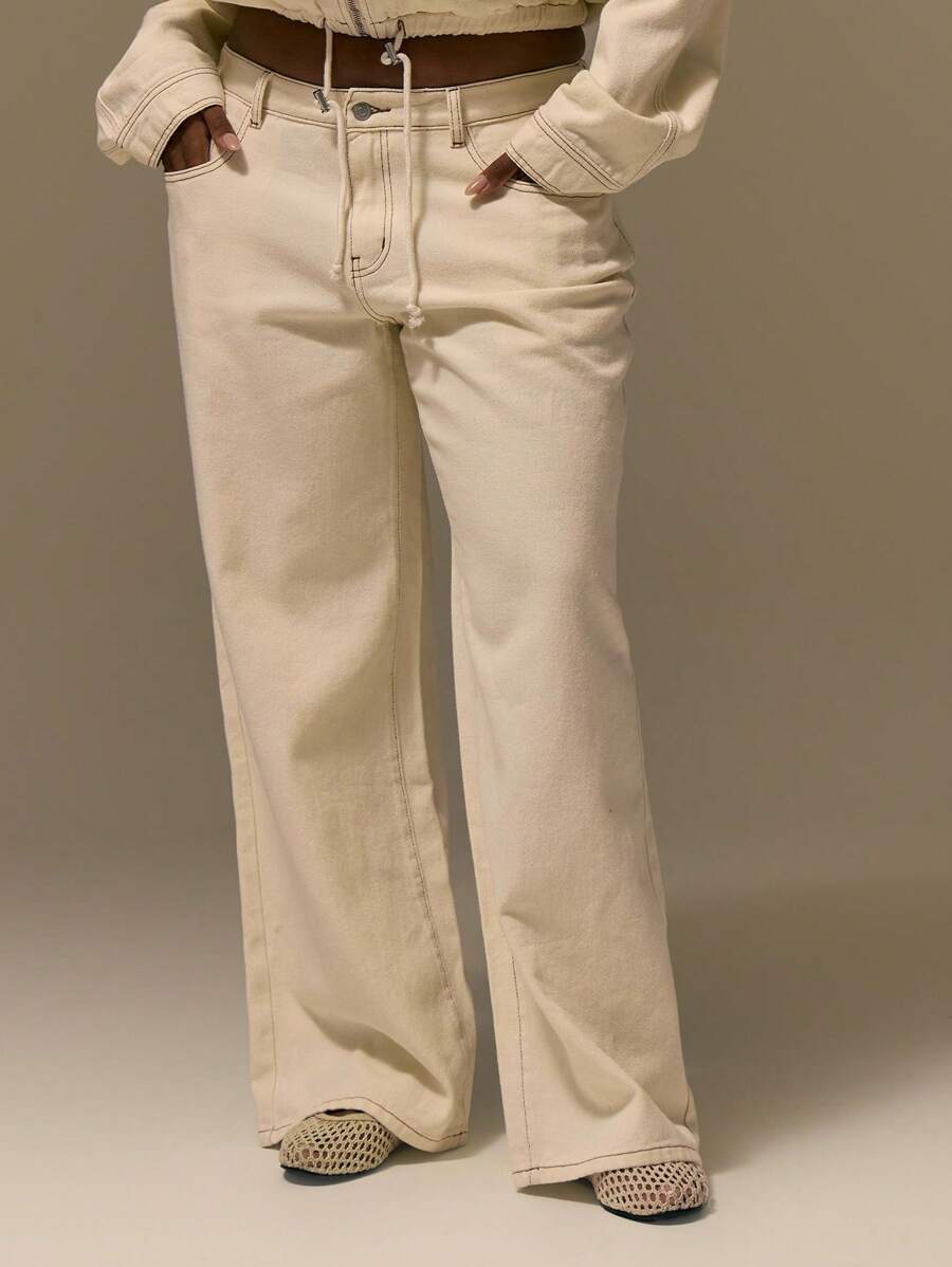 MUSERA 加大码米色水洗对比缝线阔腿牛仔裤可爱夏日假期优雅浪漫曲线农舍秋季