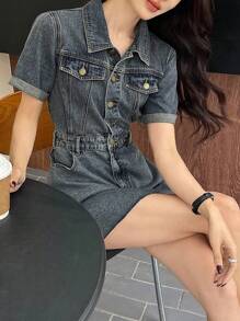 DAZY 女士牛仔短袖连衣裙，休闲时尚，适合日常穿着