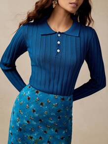 Chiquease Ribbed Fitted Knit Undershirt, Green Bohemian Layering Sweater Top Preppy Tops Golf For Women Fall Winter For Women - Navy Blue - View 4