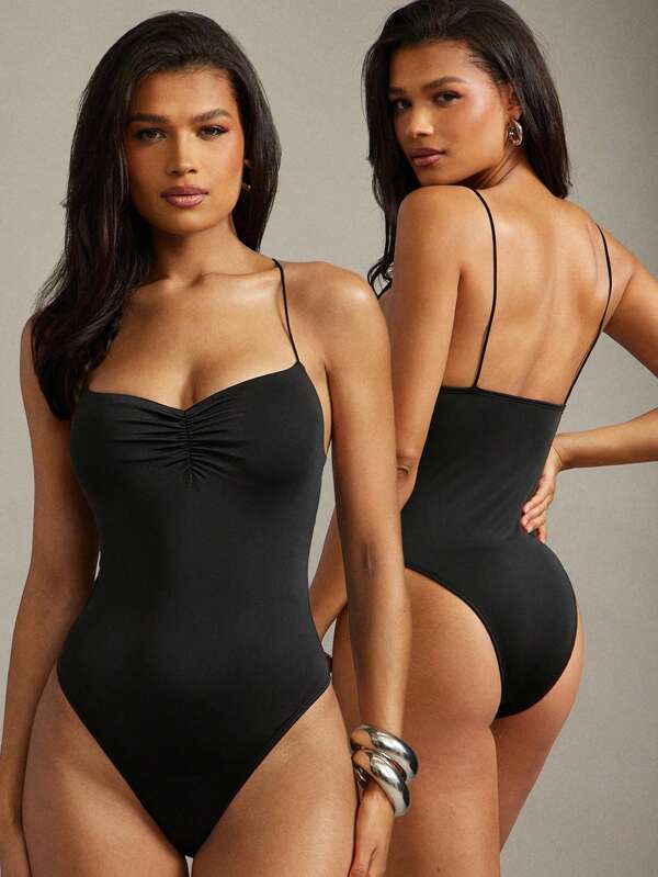 Hauture Women's Sexy Casual Thin Strap Front Ruched Black Stretchy Knit Going Out Bodysuit