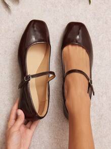 SHUZIA 女士优雅方头玛丽珍平底鞋——舒适百搭的经典必备单品 - 棕色 - 查看 3