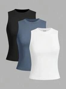 SHEIN LUNE Bộ 3 áo hai dây nữ cổ tròn ôm sát, kiểu dáng thường ngày, thích hợp cho mùa hè. - Nhiều màu - Xem 6
