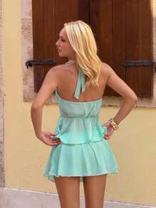 SHEIN ICON 2pcs Metallic Starfish Decor Asymmetrical Hem Halter Neck Top And Mini Skirt Suit - Mint Blue - View 2