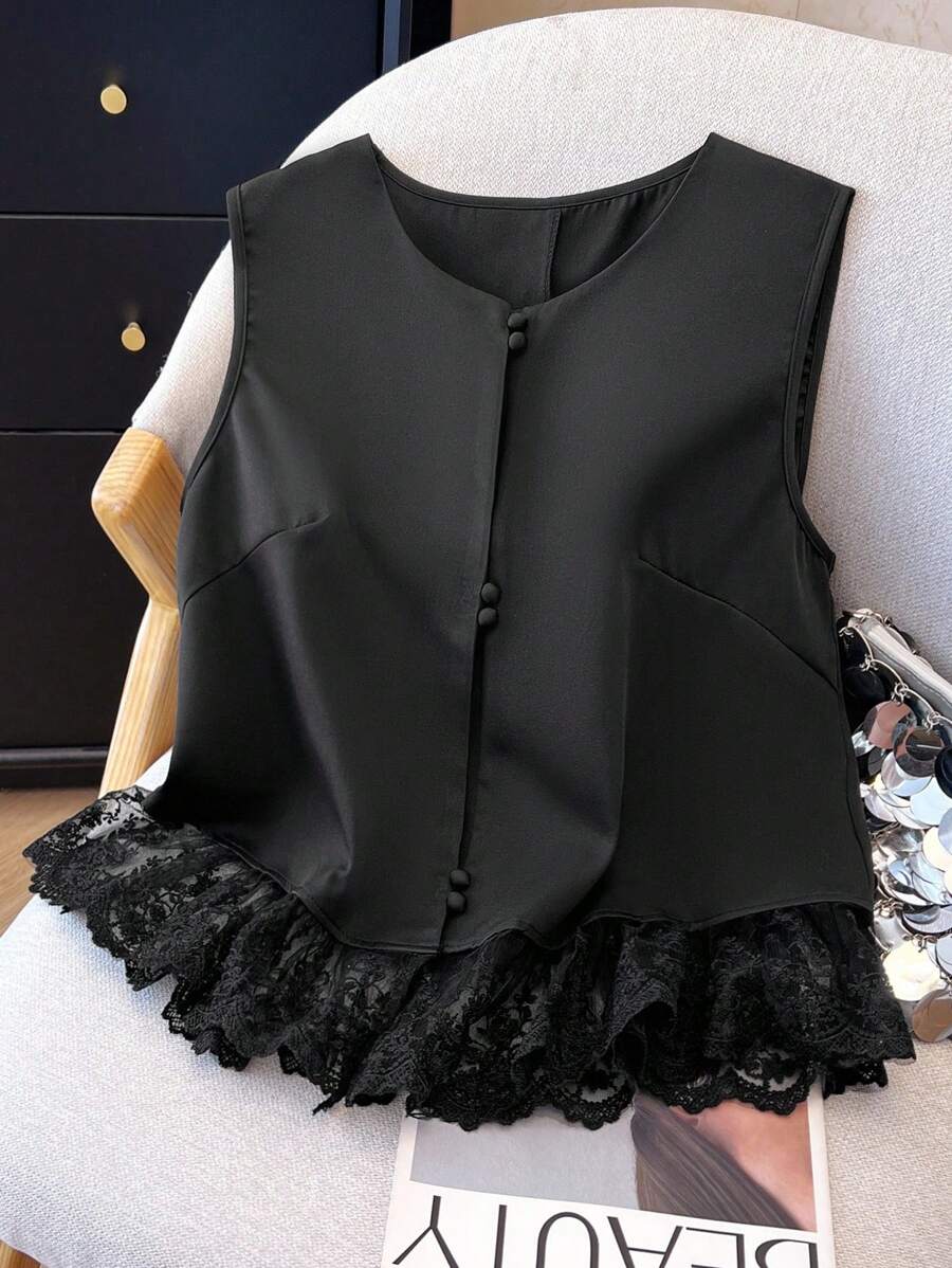 Franclia Women's Solid Color Embroidered Lace Patchwork Sleeveless Shirt With Design Details, Spring/Summer, Casual & Fashionable Clothes For University - Black - View 1