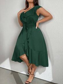 Vionelle Plus Size Solid Color V-Neck Ruffle Trim Party Dress Maxi Women Outfit