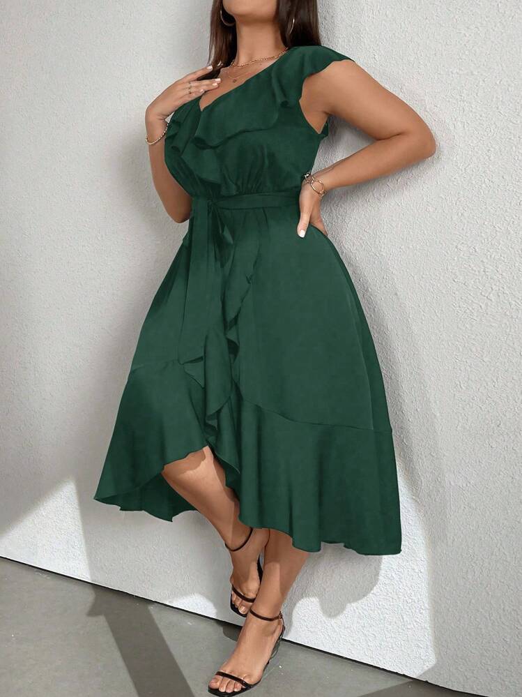 Vionelle Vestido de fiesta con cuello en V y ribete de unicolor talla grande, estilo outfit para mujer - Verde Oscuro - Añade 5