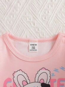 SHEIN 2 件套女婴可爱兔子和字母印花圆领短袖上衣搭配松紧腰格子裤，休闲百搭装，适合日常和运动穿着，夏季新品 - 粉色 - 查看 5
