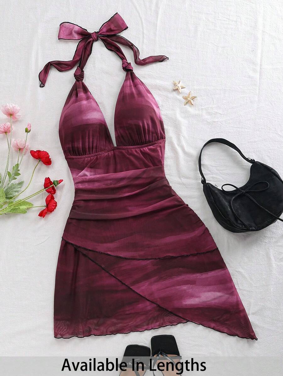 SHEIN Tall CURVE Sexy vintage Farbverlauf-Träger V-Ausschnitt Schnür-Mesh geraffte asymmetrische Saum romantisches Urlaubskleid für Frauen im Sommer - Bordeaux - Übersicht 1