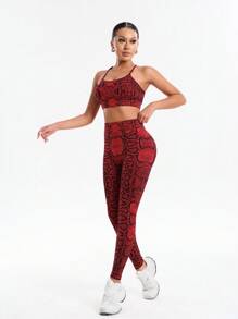 Gameset SHEIN Sport Set 2 buc. Ținută sport fără mâneci, cu imprimeu de piele de șarpe, model sport, talie înaltă, pentru ridicarea feselor