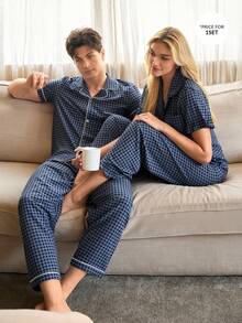 CoupledUp Basics Style Multicolor Plaid Pajama Set With Hollow Out Lapel Design For Couples  Cozy And Elegant Details - Multicolor - View 5
