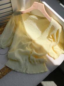 Comfortcana 秋季女款纯色短袖单排扣轻薄黄色开衫 - 黃色 - 查看 5