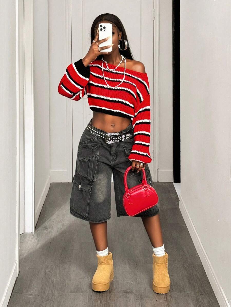 BamGleam Suéter de punto para mujer, casual de uso diario, con rayas de contraste y bajo asimétrico, suéter de punto para otoño e invierno - Rojo y blanco - Ver 1