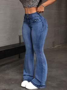 SHEIN Tall Women's Pocket Button Casual Versatile Daily Wear Flared Jeans - Khaki - View 4