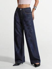Jeanoix Low-Rise Women Jeans, Fashionable Bow Print Straight Loose Slim Fit Casual Pants, New Arrivals - Blue - View 1
