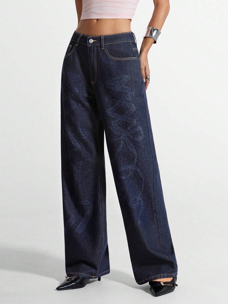 Jeanoix Low-Rise Women Jeans, Fashionable Bow Print Straight Loose Slim Fit Casual Pants, New Arrivals - Blue - View 1