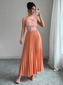 Elenzga 女士优雅浪漫假日褶皱连衣裙 - 橘色 - 查看 7