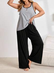 针织休闲撞色无袖上衣和裤子睡衣套装 - 黑色 - 查看 8