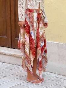 SHEIN ICON Bohemian Style Patchwork Print Asymmetrical Hem Women's Skirt, Vacation