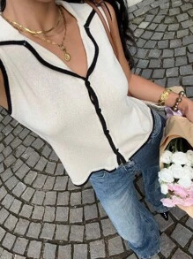 SHEIN Frenchy 女式无袖休闲罗纹针织单排扣上衣 - 杏色 - 查看 1