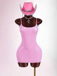 Amplova 女式简约纯色镜面 PU 吊带裙，基本款夏季连衣裙