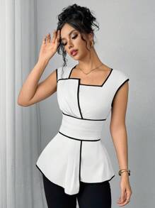 SHEIN Clasi 女士优雅撞色边不对称衬衫，夏季 - 白色 - 查看 5