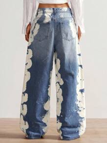 Bohemela 女式扎染图案口袋宽腿宽松休闲牛仔裤 - 藍色 - 查看 5