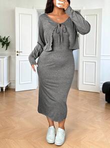 SHEIN EZwear Valentine's Day,Plus Size Anime Style Casual Pink Knit Cardigan And Dress 2pcs Set - Grey - View 1