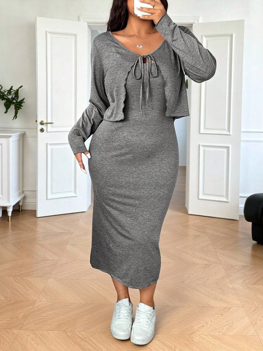 SHEIN EZwear Valentine's Day,Plus Size Anime Style Casual Pink Knit Cardigan And Dress 2pcs Set - Grey - View 1