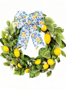 2 Rolls Lemon Wired Edge 2.5inch Yards Blue Tile Lemon Fabric Craft Ribbon For Spring Summer Shower Birthday Gift Wrapping Wreath Bow DIY Crafts