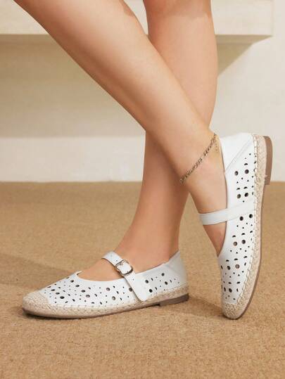 Styleloop 女士圆头草绳鞋底编织复古休闲渔夫鞋，镂空穿孔带扣舒适一脚蹬平底乐福鞋