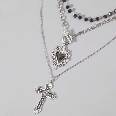 ROMWE Hippie 3 件哥特式深色玻璃水晶十字架、心形吊坠项链、个性化嘻哈多层项链，适合女士、节日礼物、万圣节